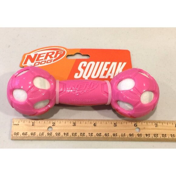 Nerf Dog Red Pink Squeak 7" Barbell White Balls - Picture 3 of 3